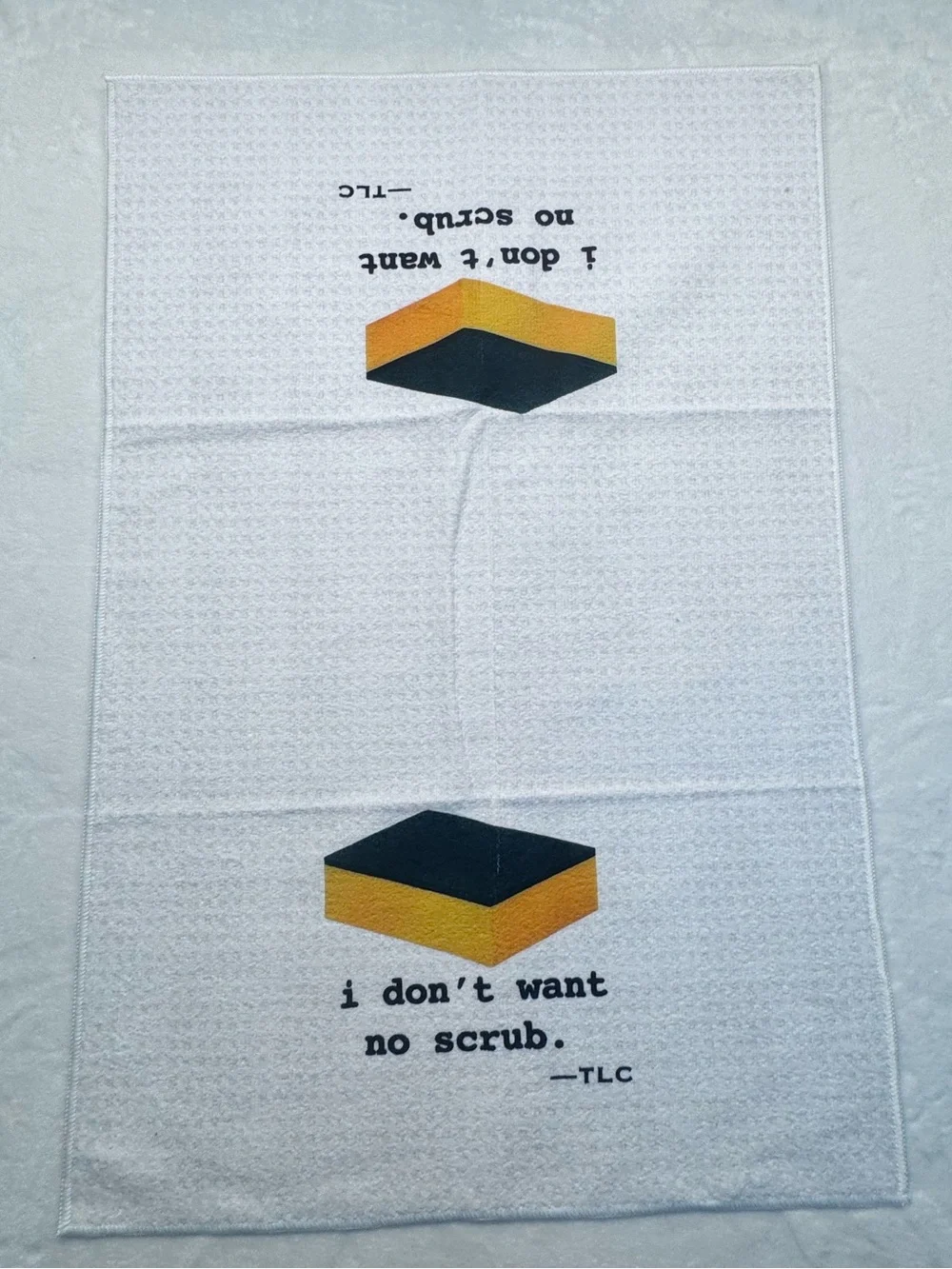 TLC White Kitchen Towel with Yellow and Dark Green Sponge Graphic